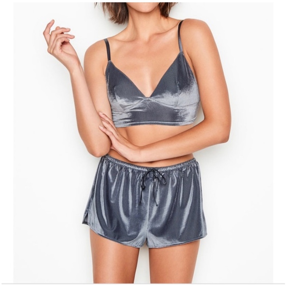 Victoria's Secret Silver Velvet Bralette & Shorts Pajama Set